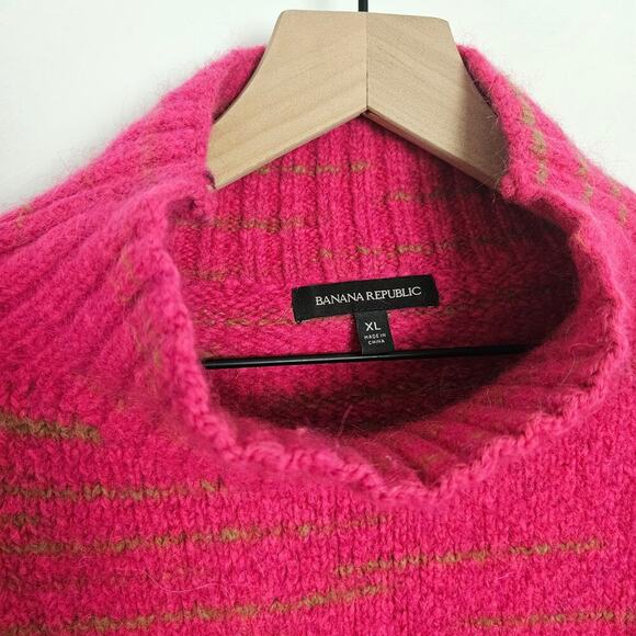 Banana Republic Wool Blend Mock Neck Sweater XL Hot Pink Tan Stripe - Picture 2 of 7
